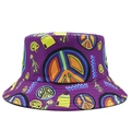 Cappello a secchiello viola alla moda con segni di pace colorati e illustrazioni d'arte - Taglia unica