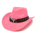 Detail of pink faux suede cowboy hat featuring brown band and silver bull head metal emblem - One Size / Hot Pink (18#)