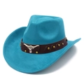 Turquoise faux suede western cowboy hat with brown leather band and silver bull skull buckle - One Size / Turquoise (19#)