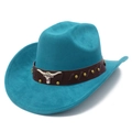 Peacock blue faux suede jazz fedora with brown leather band and bull head metal emblem - One Size / Peacock Blue (19#)