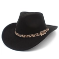 Detail of wool jazz hat featuring leopard print band and golden buckle adjustment - One Size / Black