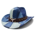 Detail of western tie-dye denim hat with faux leather band and silver bull head buckle - Flat Top A