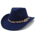 Detail of navy wool fedora hat featuring leopard print leather belt and gold buckle accent - One Size / Dark Blue