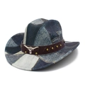 Vintage tie-dye patchwork denim cowboy hat with metal bull head and studded leather band - Flat Top B