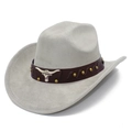 Close-up of light grey suede jazz hat with leather band and silver bull head metal ornament - One Size / Light Gray (23#)