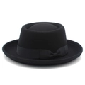 Cappello Pork Pie classico in feltro di lana nero con nastro e tesa arrotolata invernale - Nero