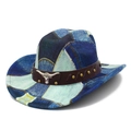 Vintage tie-dye denim wide-brim hat with brown leather band and silver bull head ornament - Flat Top C
