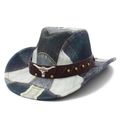 Vintage tie-dye patchwork denim cowboy hat with leather band and silver bull head logo - Heart Top B