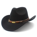 Detailed close-up of a black felt cowboy hat with a golden feather pendant and woven band - Black