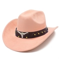 Detail of pink suede cowboy hat featuring leather band with silver bull head and gold studs - One Size / Light Pink (20#)