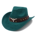 Teal faux suede cowboy hat featuring a brown leather band and silver bull head ornament - One Size / Cyan (13#)