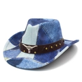 Detail of vintage tie-dye denim cowboy hat with leather band and silver bull head icon - Heart Top A