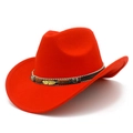 Red felt cowboy hat with ethnic beaded band and gold feather charm on white background - Red