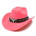 Hot pink suede jazz fedora with western bull head badge and studded leather strap - One Size / Neon Pink (18#)