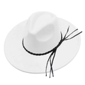 Close-up of a white wide-brimmed fedora hat with a black woven band and long tassel details - White