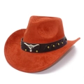 Detail of rust red faux suede cowboy hat with studded leather band and bull head emblem - One Size / Brick Red (12#)