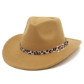 Detail of camel wool fedora hat featuring a leopard print belt and gold metal buckle - One Size / Khaki