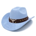 Faux suede jazz hat in sky blue with leather band, silver bull head and gold studs - One Size / Baby Blue (17#)