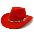 Detailed close-up of a red felt jazz hat with a leopard print belt and golden buckle - One Size / Red