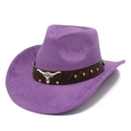 Close-up of purple faux suede cowboy hat with bull head logo and brass studs on leather band - One Size / Purple (10#)
