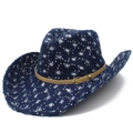 Distressed blue denim fedora hat with silver sequins and a brown leather buckle band - One Size / Dark Blue