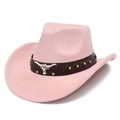 Detailed view of a pink faux suede cowboy hat featuring a leather strap with bull head ornament - One Size / Pink