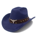 Detail of navy blue felt cowboy hat with leather rivet band and silver bull head emblem - One Size / Deep Blue (15#)