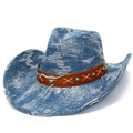 Chapeau de cowboy en denim bleu avec paillettes et bandeau en cuir à tête de taureau - Taille unique / Bleu