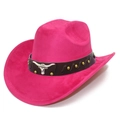 Fuchsia faux suede jazz fedora hat with bull head emblem and studded leather band - One Size / Rose Red (14#)