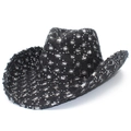 Cappello da cowboy in denim nero con paillettes argentate e stile vintage strappato - Nero