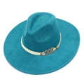 Detail of teal blue wide brim fedora with white woven rope and gold metal chain - Dark Blue