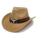 Classic camel faux suede cowboy hat with studded leather band and bull head emblem - One Size / Tan (7#)