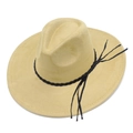 Detail of khaki wide brim fedora hat featuring black braided band and long tassels - Camel