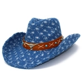 Vintage blue denim western cowboy hat with silver sequins and bull head metal accessory - Blue