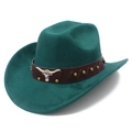 Detailed view of wide brim fedora hat with faux suede texture and silver bull skull badge - One Size / Deep Cyan (13#)