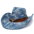 Cappello da cowboy blu con paillettes, tesa larga, cinturino in pelle e testa di toro - Blu