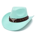 Close-up of mint green faux suede cowboy hat with bull head ornament and bronze studs - One Size / Mint Green (6#)