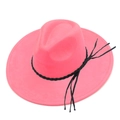 Detail of rose red wide brim fedora hat featuring black braided cord and tassel fringe - Deep Pink