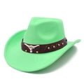 Detail of neon green suede cowboy hat featuring a leather band with silver bull head emblem - One Size / Neon Green (5#)