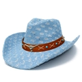Distressed blue denim western cowboy hat with silver sequins and a bull head leather band - Light Blue