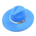Fashionable bright blue suede felt fedora hat with woven gold rope and metal buckle trim - Blue