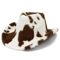 Fashionable plush cow print western cowboy hat with thickened warm faux fur for winter - Coffee