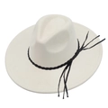Detail of cream white wool fedora with woven black band and long stylish tassel - Beige