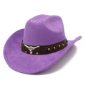 Detail of purple faux suede jazz hat featuring faux leather band and silver bull head logo - One Size / Purple (10#)