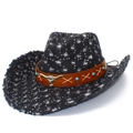 Distressed black denim cowboy hat with sequins, silver bull head and turquoise beads - Black