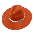 Detail of caramel wide brim fedora with white braided rope and metal chain ornament - Caramel color