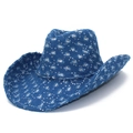 Cappello da cowboy in denim blu consumato con paillettes argento e tesa larga curva - Blu