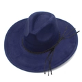 Top view of navy blue faux suede wide brim fedora hat with black braided leather tassel band - Navy Blue
