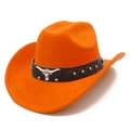 Detail of orange suede jazz hat with brown leather band and silver bull head emblem - One Size / Orange (8#)