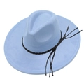 Sky blue wide brim fedora hat with black braided leather band and side tassel decoration - Light Blue